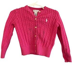 Ralph Lauren Baby Girl Hot Pink Cardigan Sweater Size 24M Cable Knit Pony Preppy